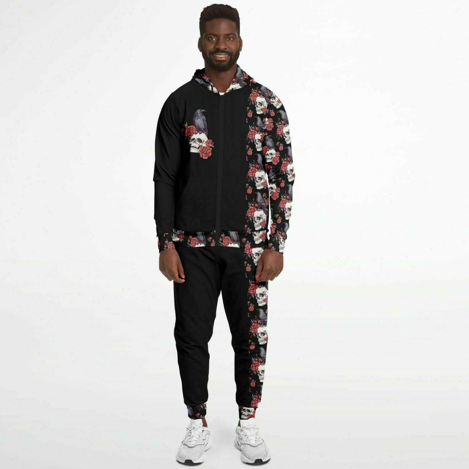 Skull Raven & Peonies Fashion ZipUp Hoodie & Jogger Set