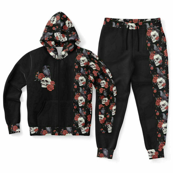 Skull Raven & Peonies Fashion ZipUp Hoodie & Jogger Set