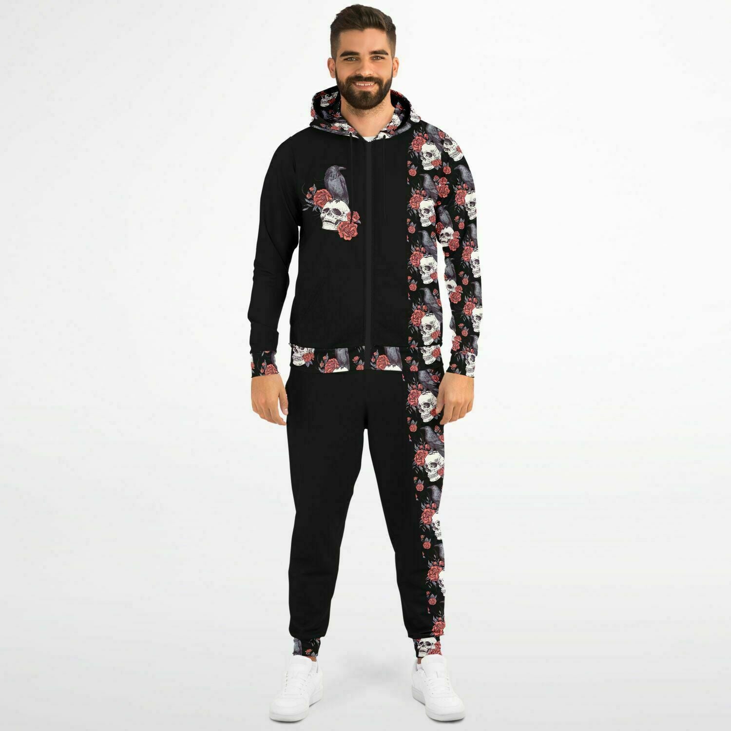 Skull Raven & Peonies Fashion ZipUp Hoodie & Jogger Set