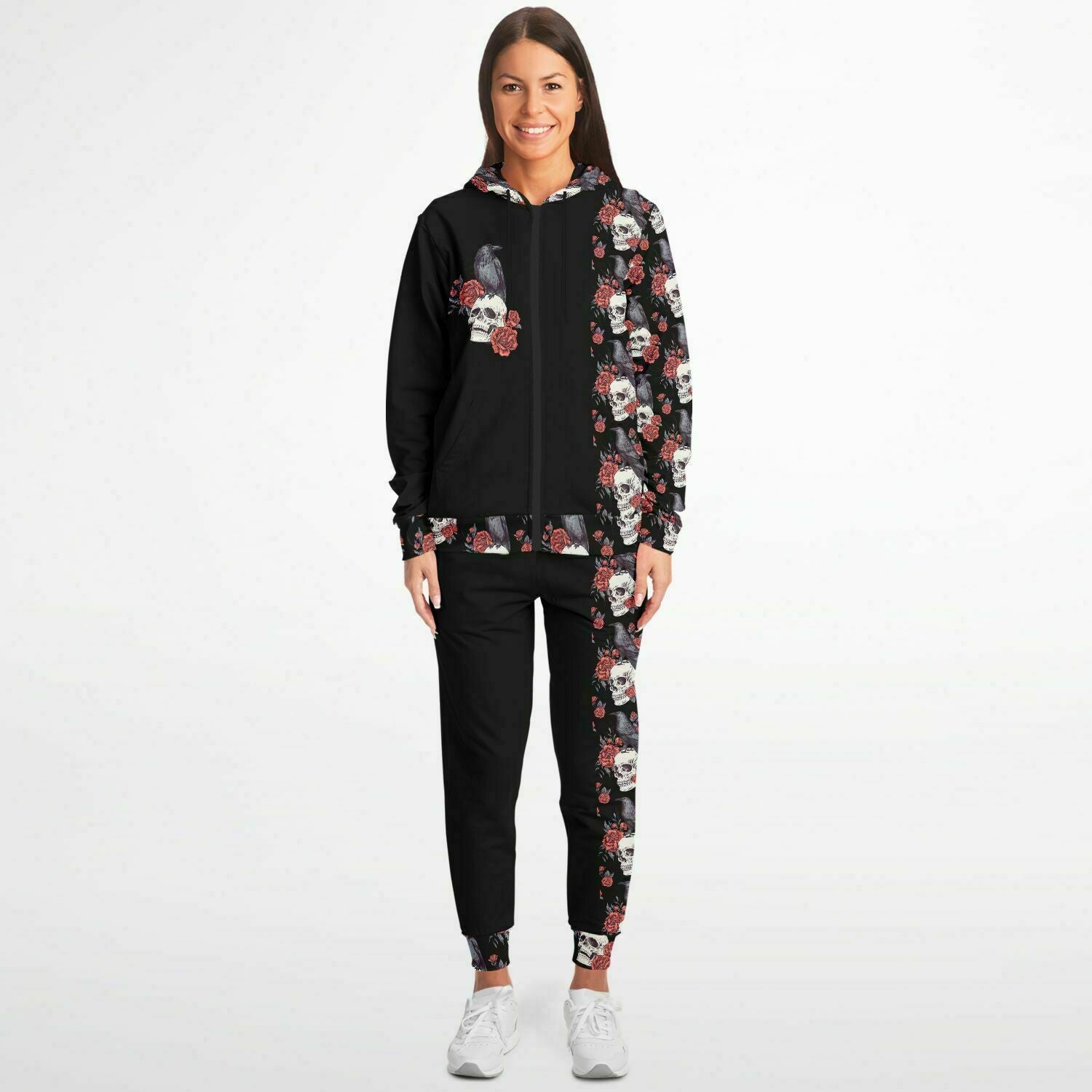 Skull Raven & Peonies Fashion ZipUp Hoodie & Jogger Set