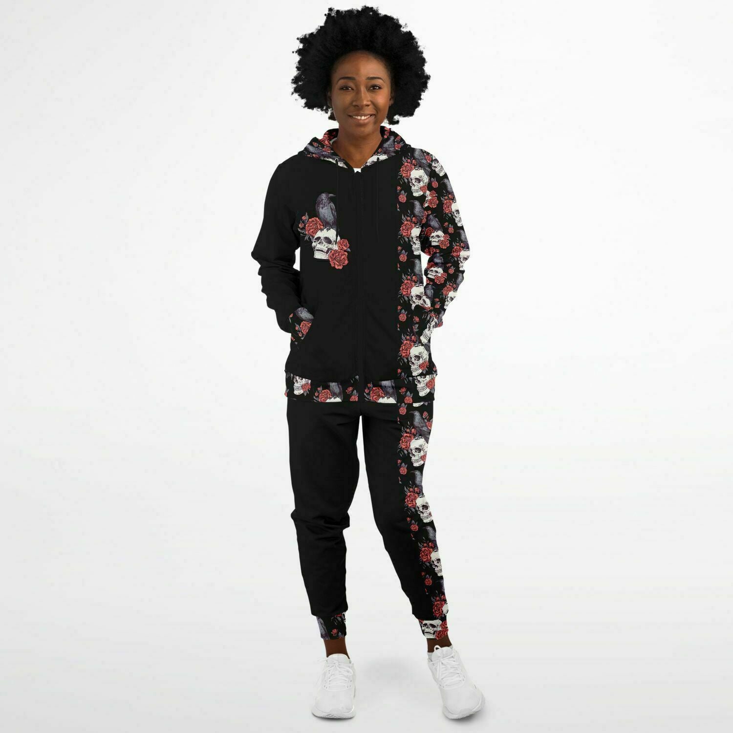 Skull Raven & Peonies Fashion ZipUp Hoodie & Jogger Set