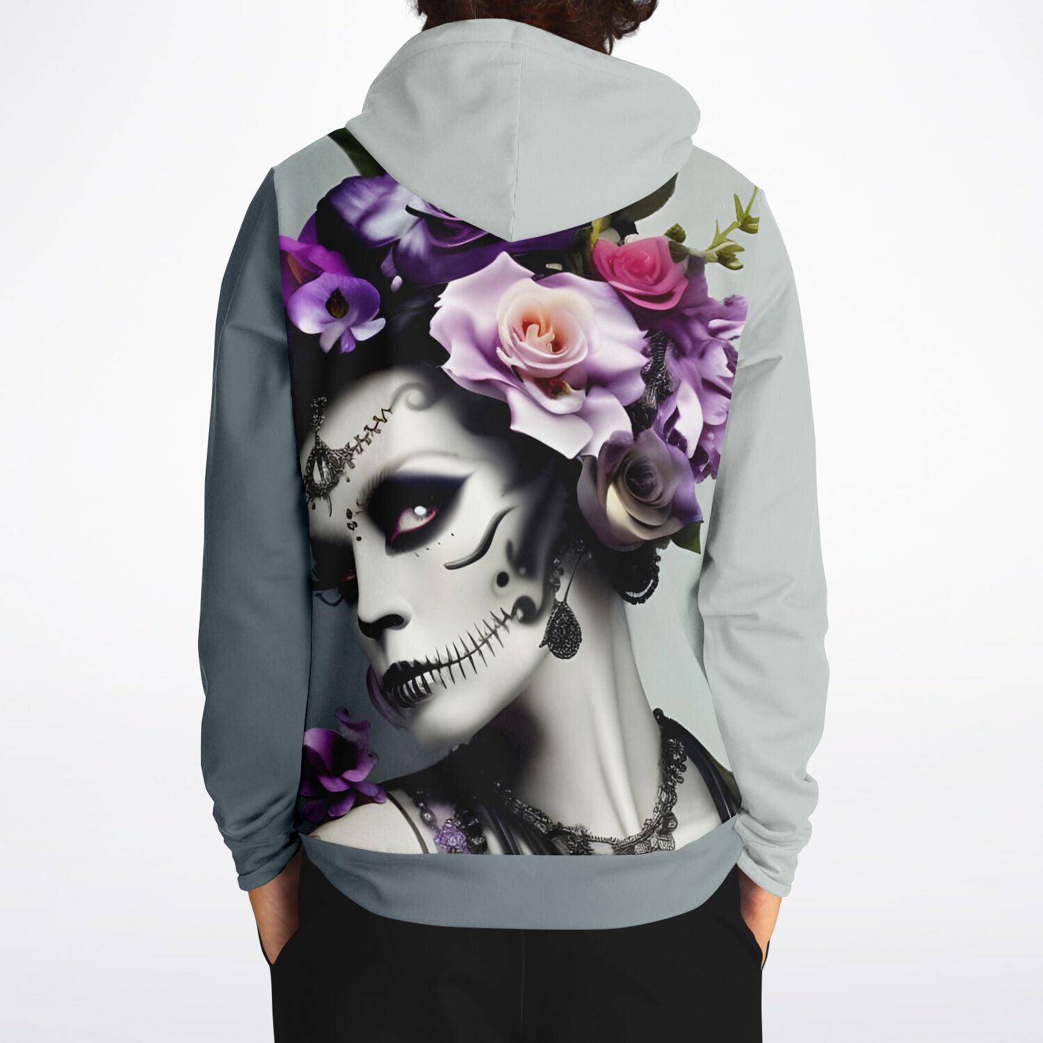 Lady Santa Muerte Skull and Purple Roses Fashion Hoodie