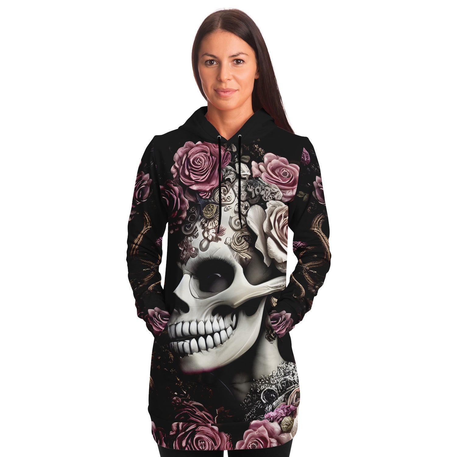 Rose Skull Lady Longline Fashion Hoodie
