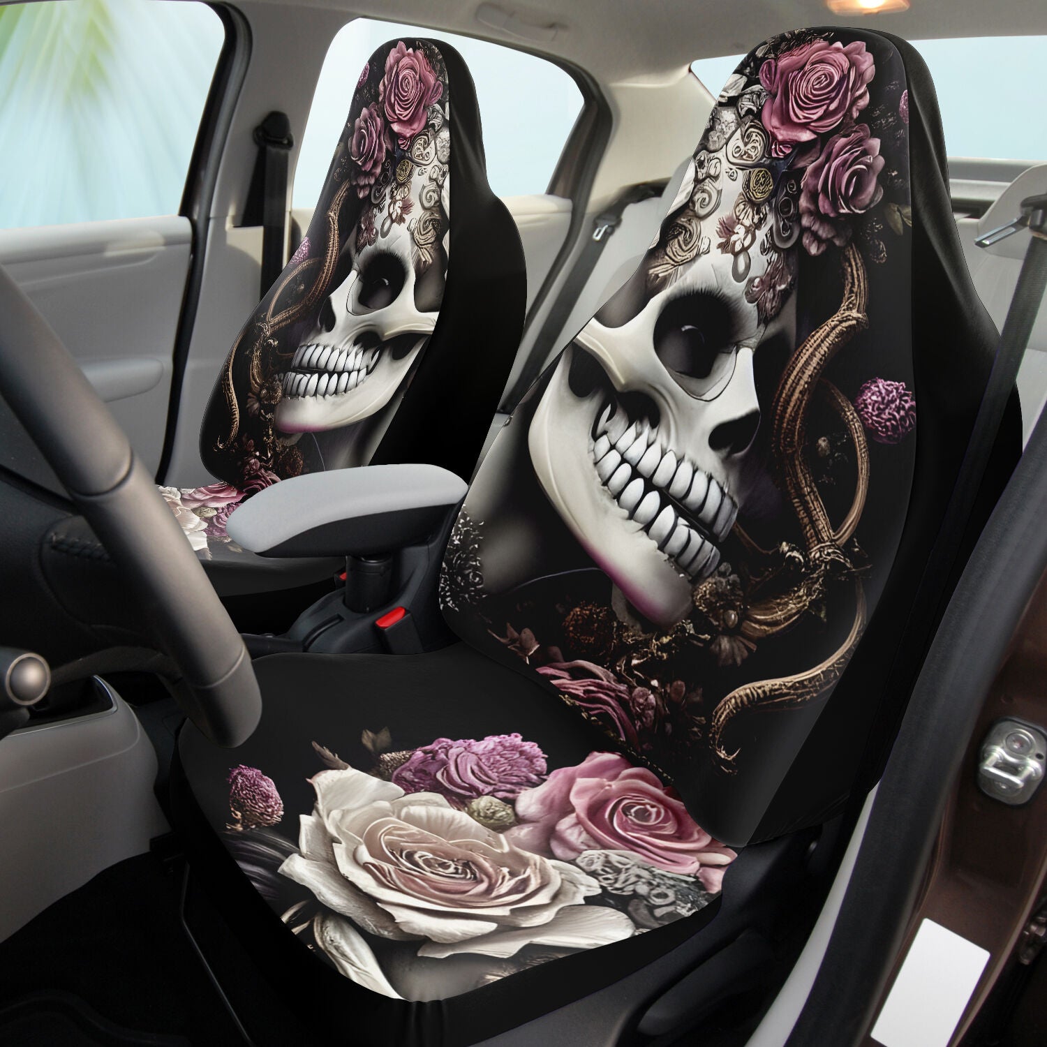 Rose Skull Lady Car Seat Cover Set