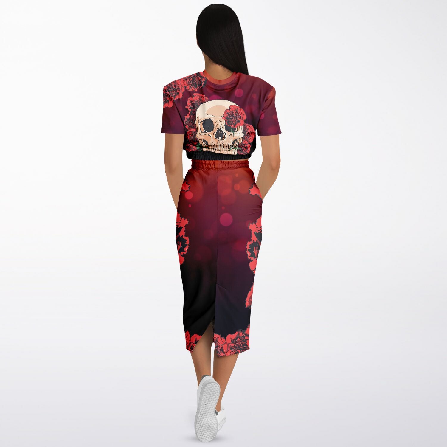 Red Carnations Skull Garden Cropped Top and Long Skirt Set