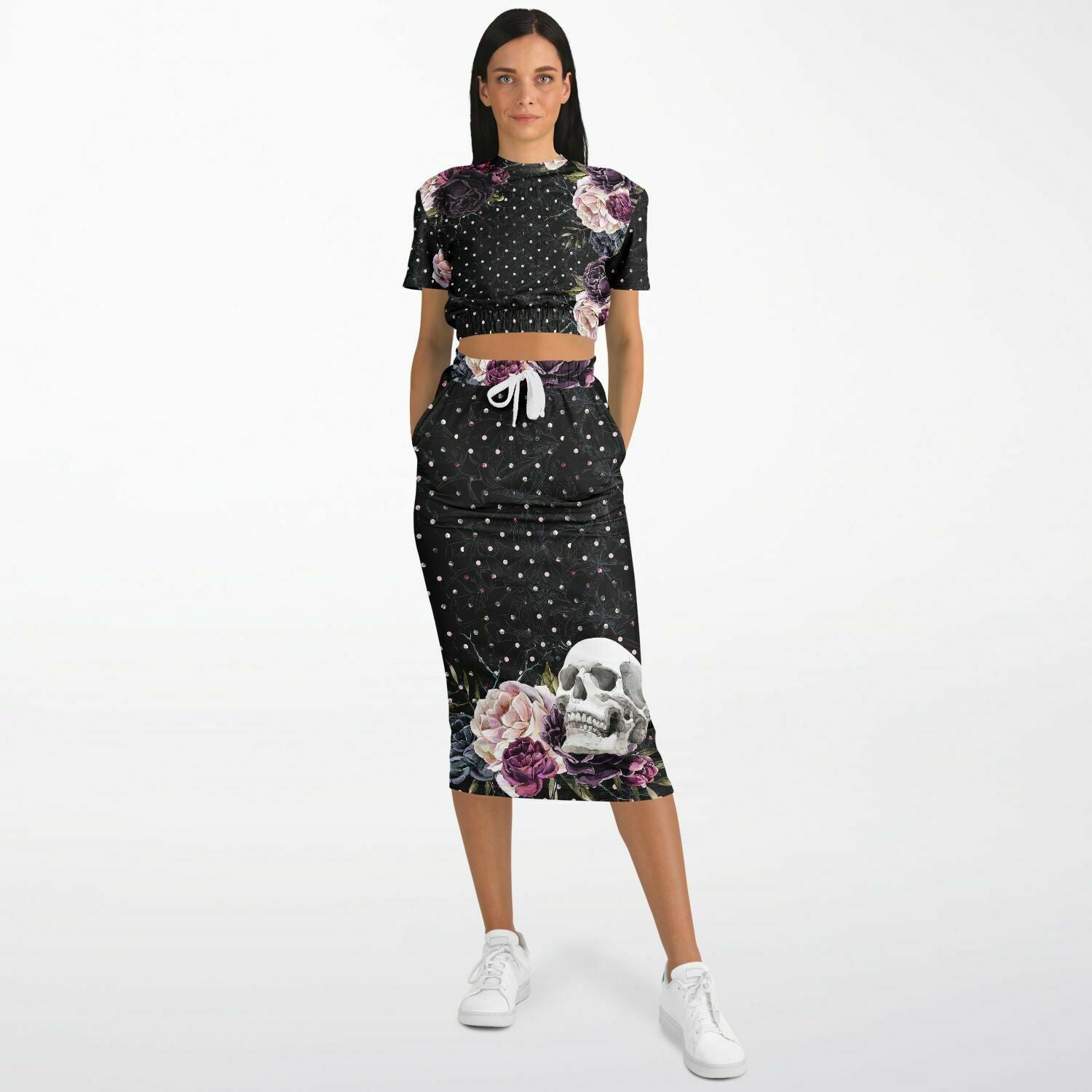 Flower Skull And Polka Dot Bouquet Cropped Top and Long Skirt