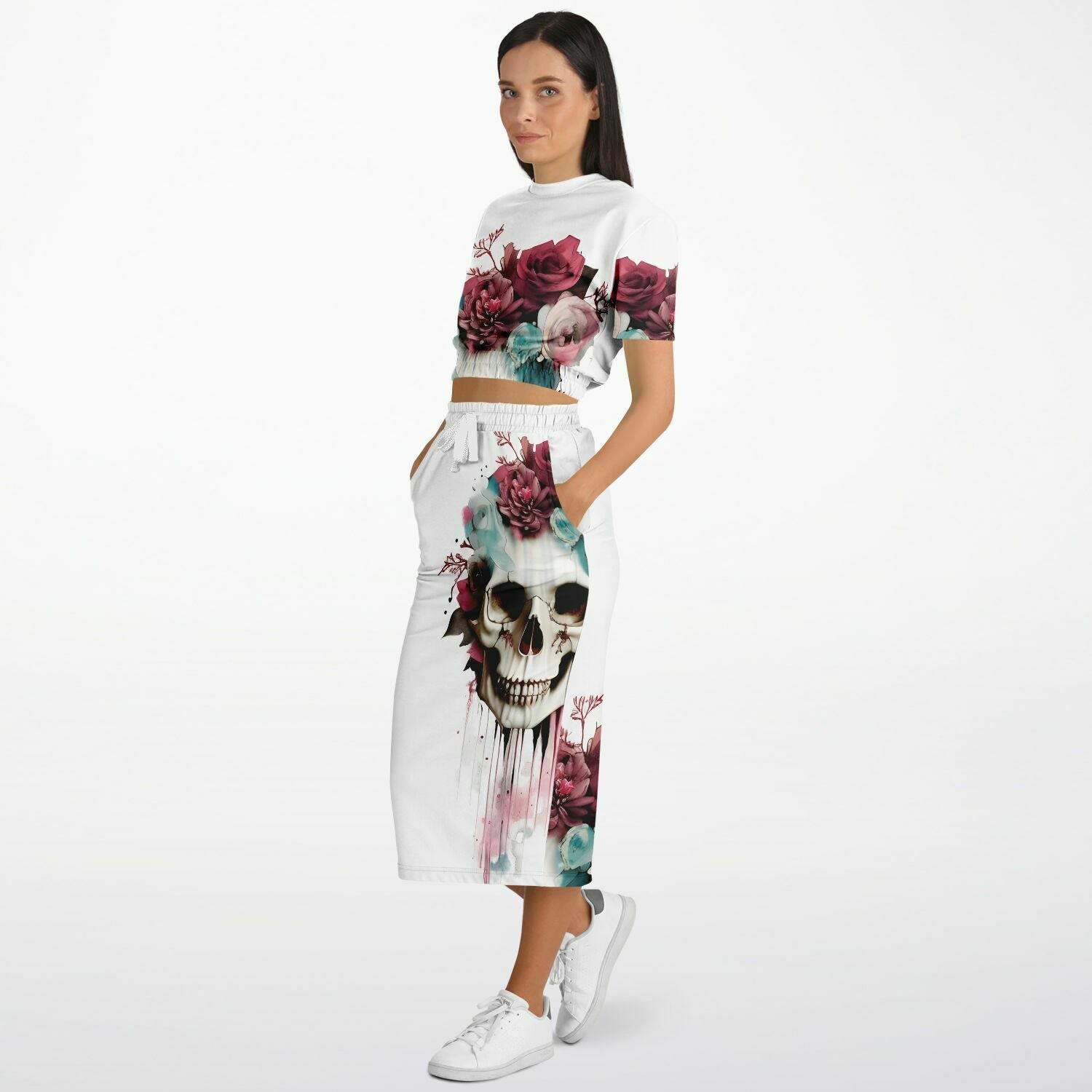 Roses Crown Skull Cropped Top and Long Skirt Set