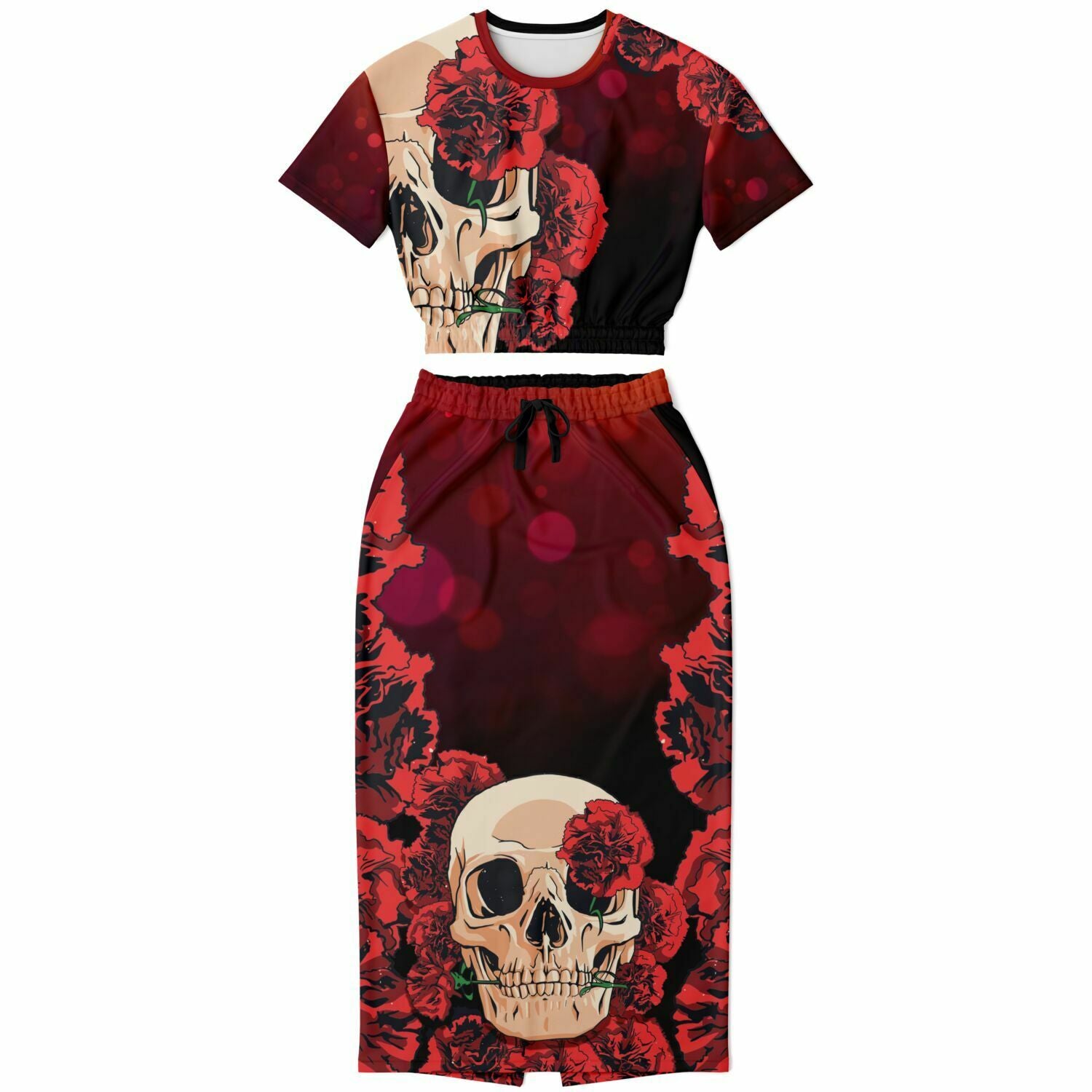 Red Carnations Skull Garden Cropped Top and Long Skirt Set