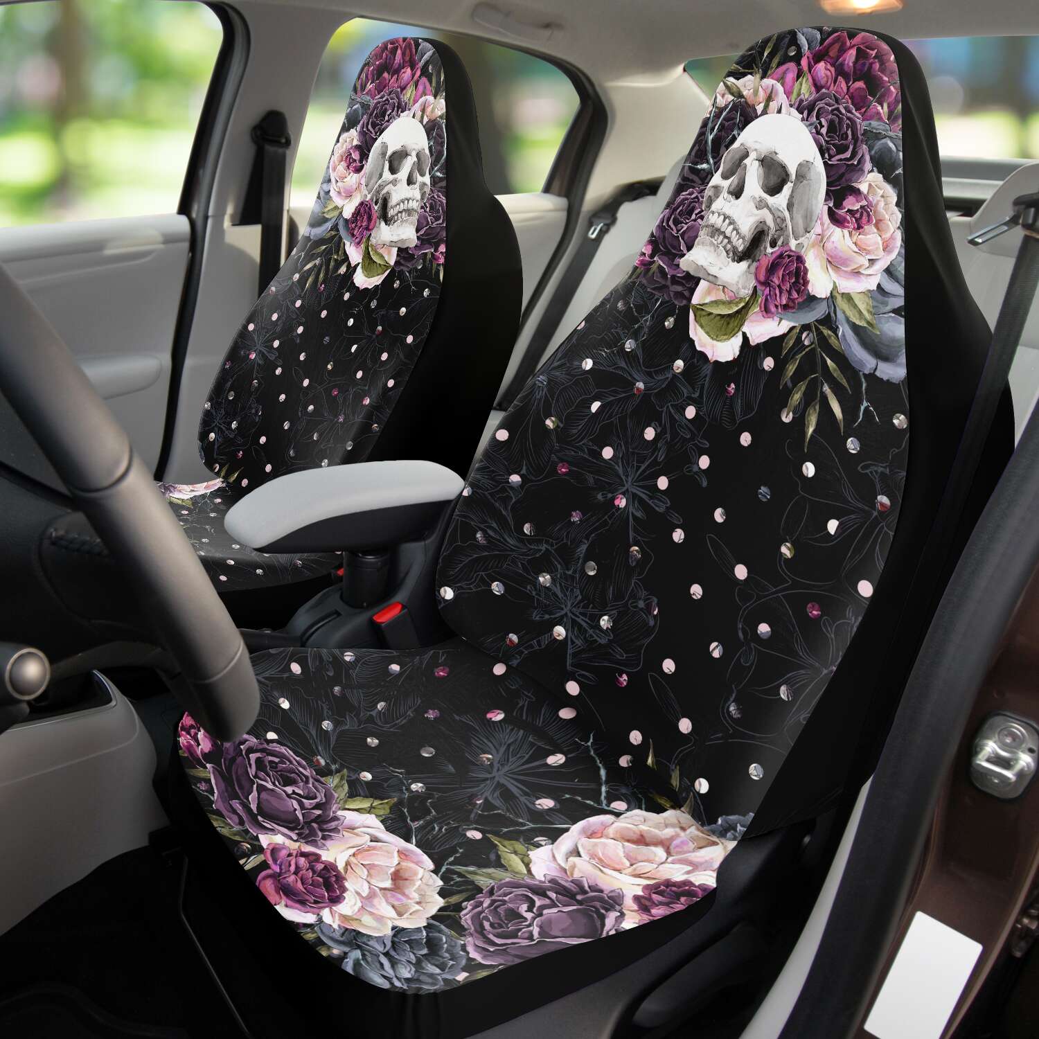 Flower Skull And Polka Dot Bouquet Car Seat Cover Set