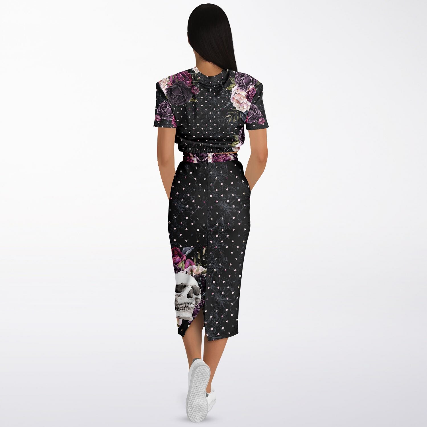 Flower Skull And Polka Dot Bouquet Cropped Top and Long Skirt