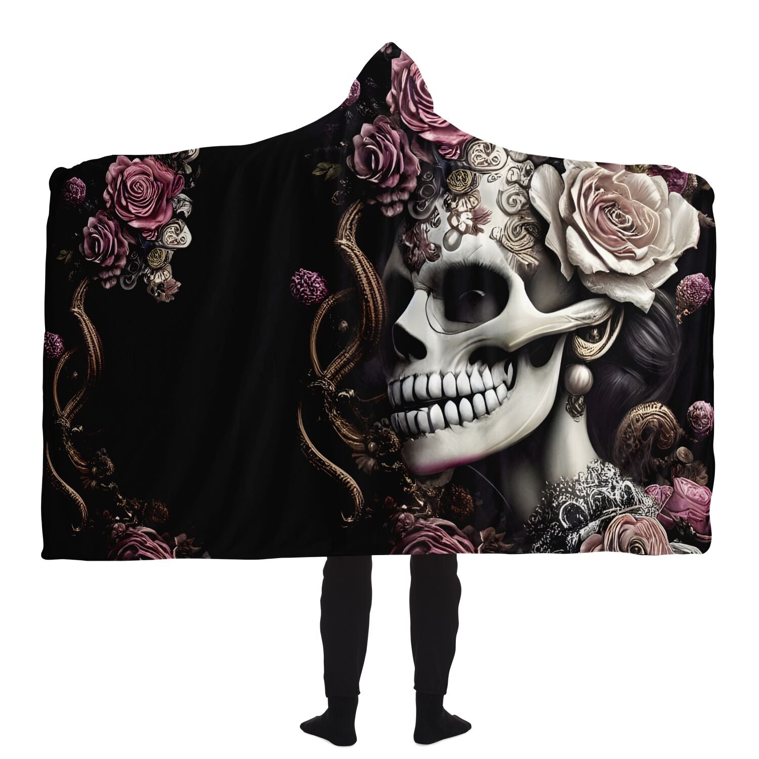 Rose Skull Lady Hooded Blanket