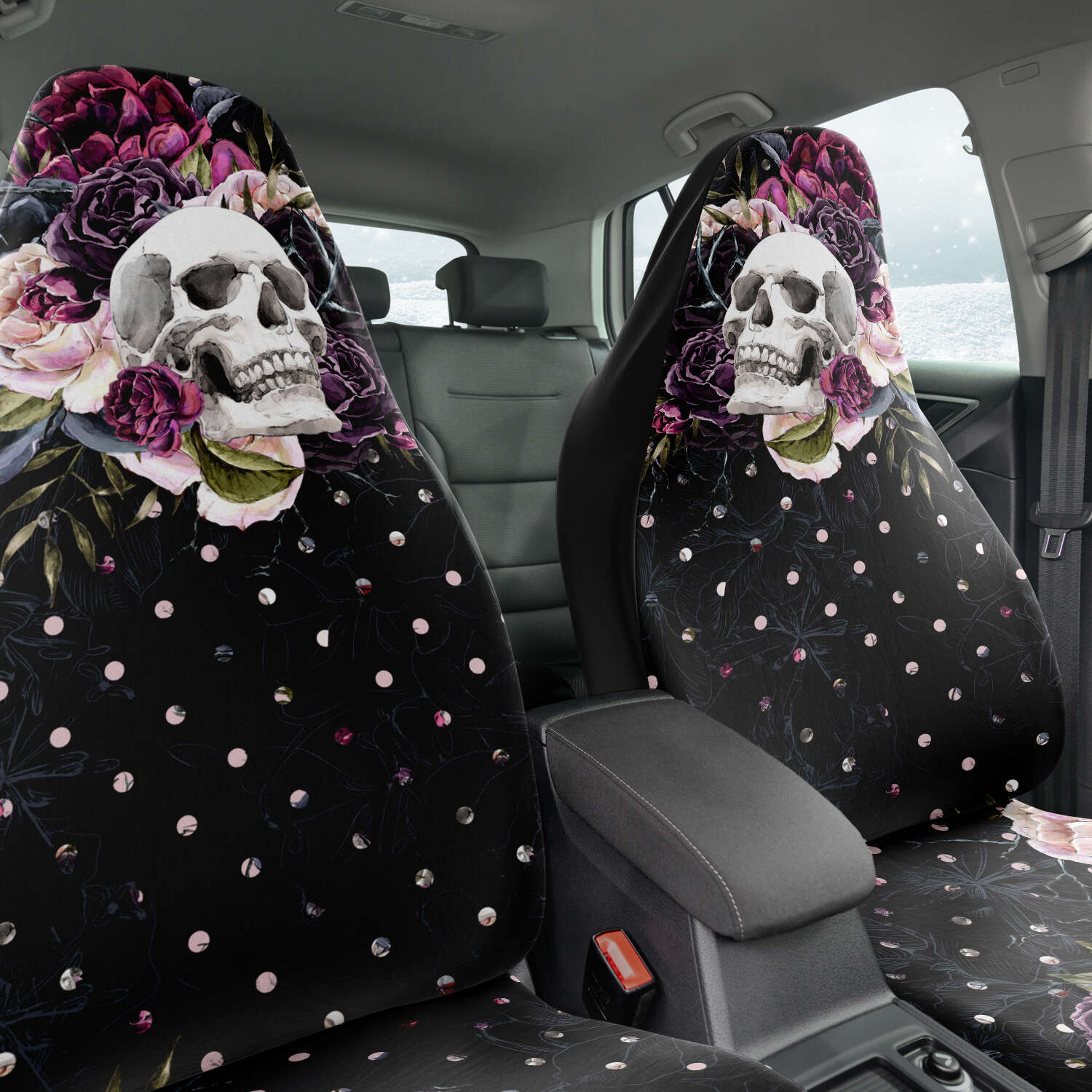 Flower Skull And Polka Dot Bouquet Car Seat Cover Set