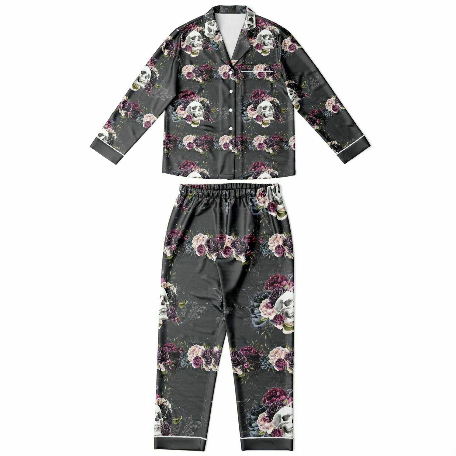 Deadly Bouquet Gray Skull Women's Satin Pajamas Set
