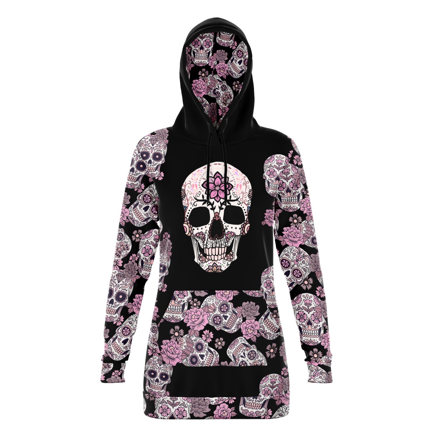 Black & Pink Day of the Dead Longline Fashion Hoodie