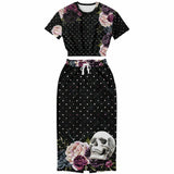 Flower Skull And Polka Dot Bouquet Cropped Top and Long Skirt