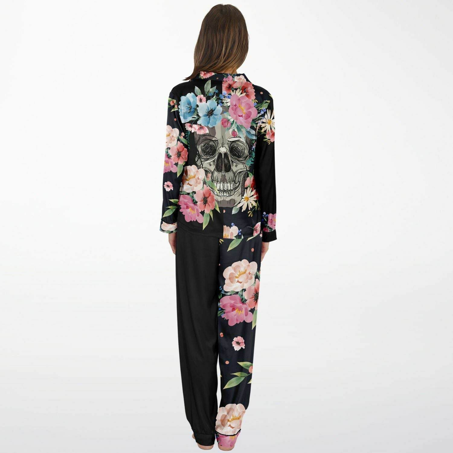 Spring Skull Flower Satin Pajamas Set