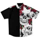 Skull and Red Flowers Short Sleeve Button Down Shirt
