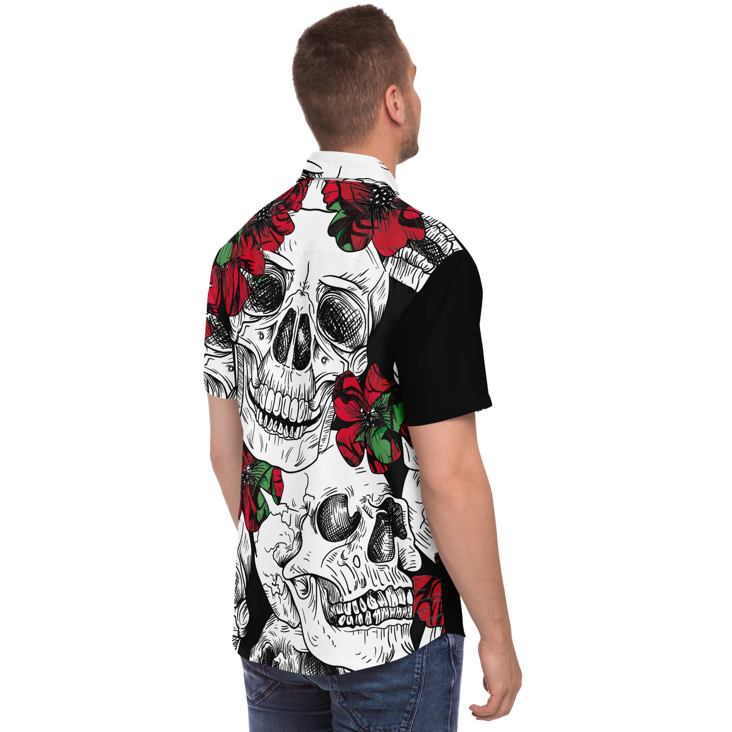 Skull and Red Flowers Short Sleeve Button Down Shirt