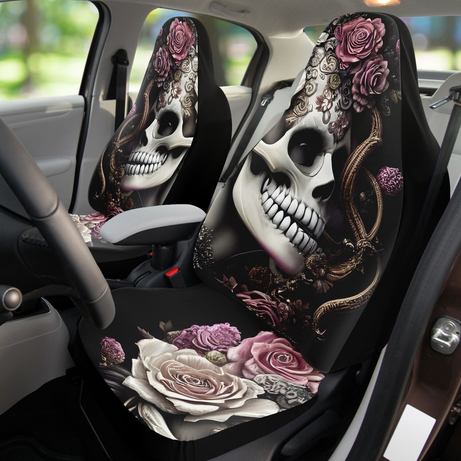 Rose Skull Lady Car Seat Cover Set