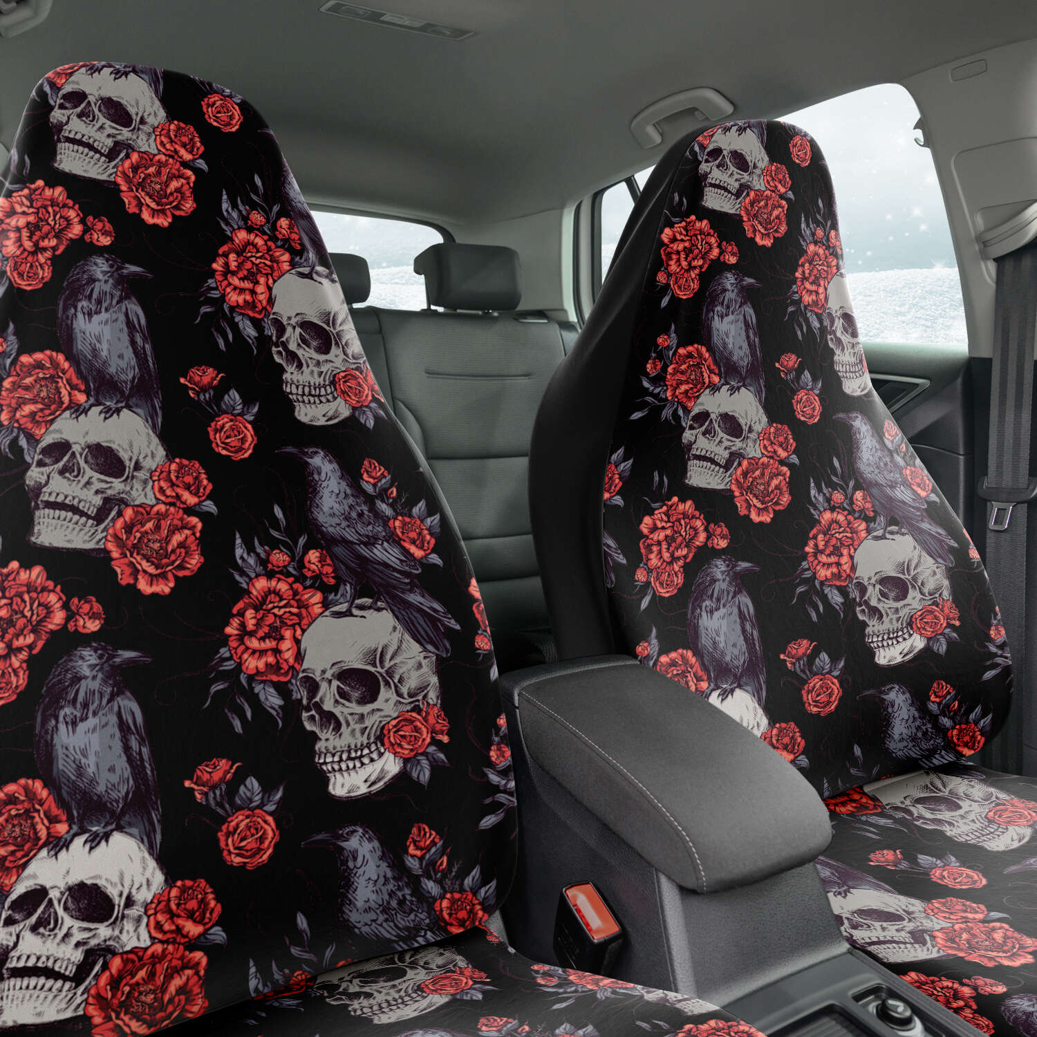 Skull Raven & Peonies Car Seat Cover Set