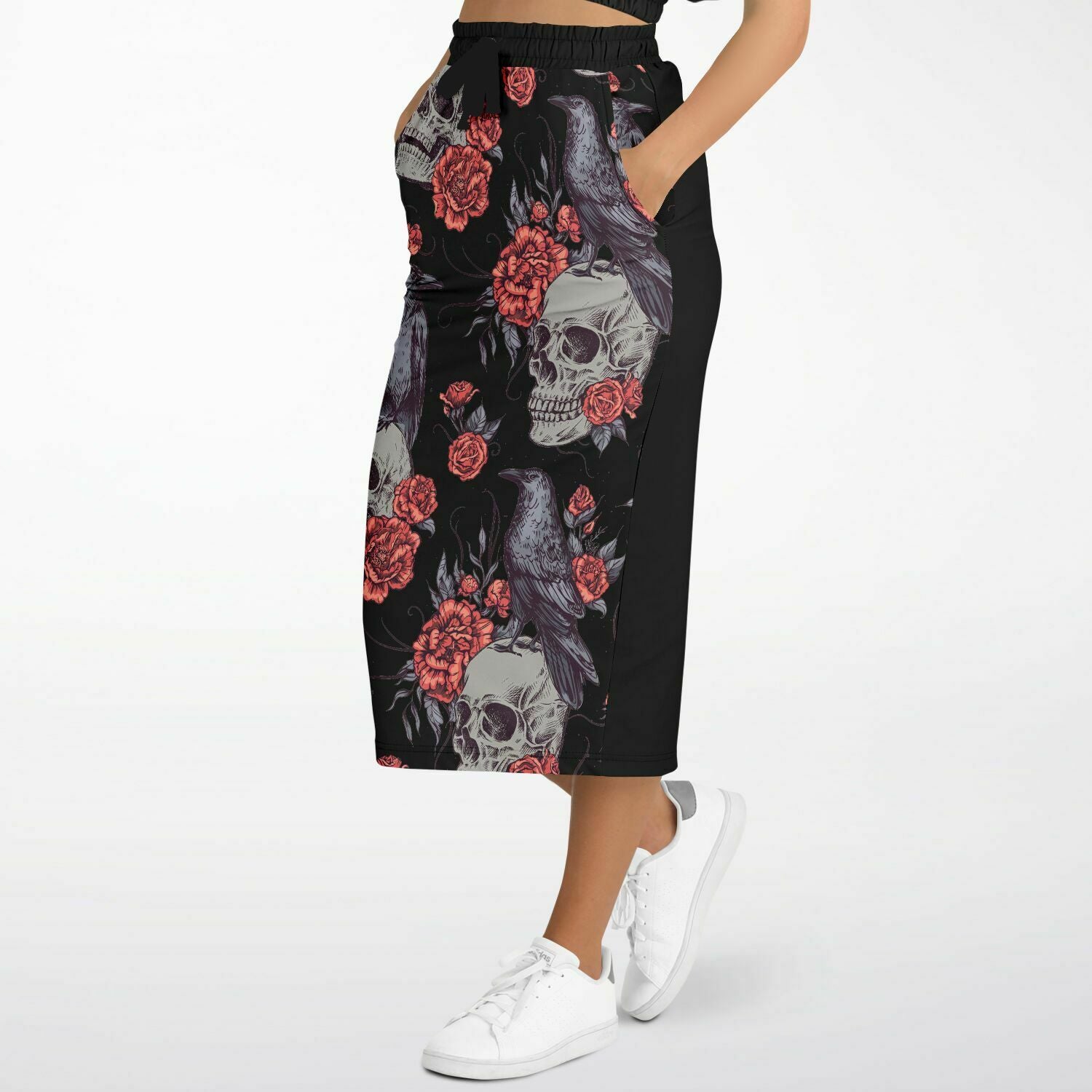 Skull Raven & Peonies Long Pocket Skirt